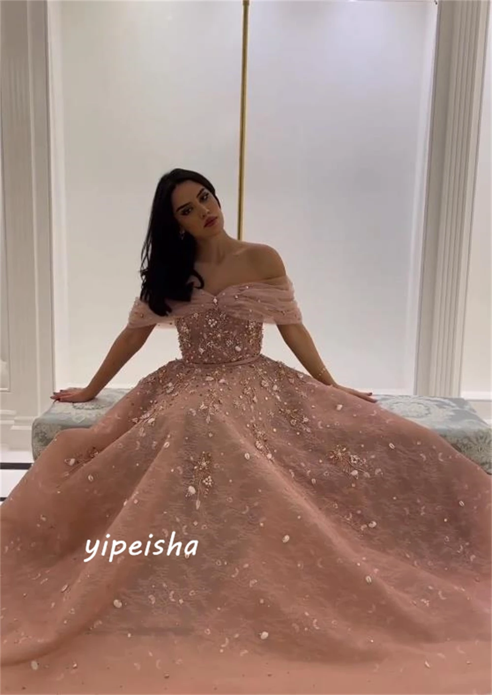 Customized Sparkle Exquisite Off-the-shoulder Ball Gown Beading Paillette / Sequins Organza Evening Dresses