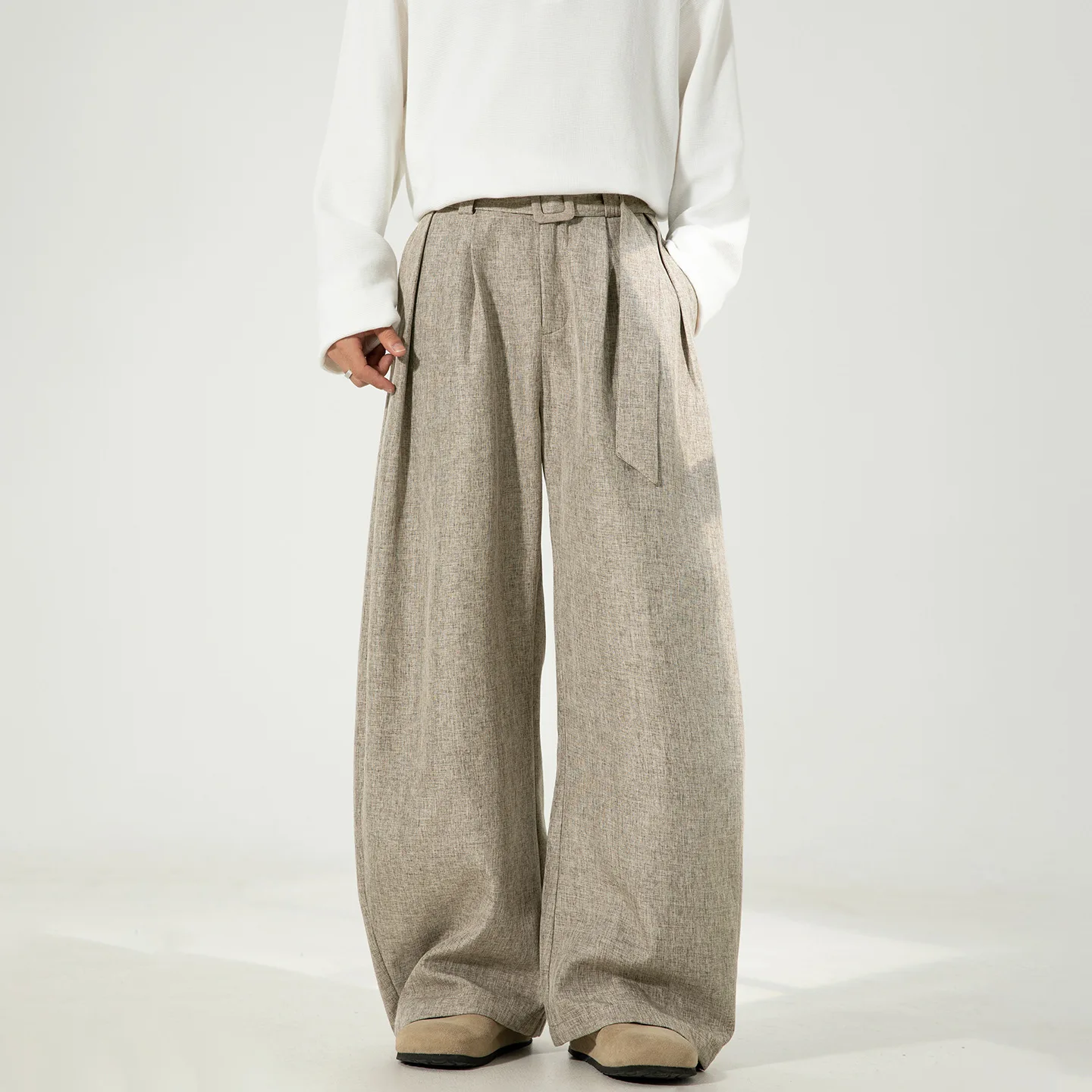 2026 Spring Three-dimensional Pleated and Drape Scimitar Trousers Men's Loose Straight Trousers Belt Casual Trousers
