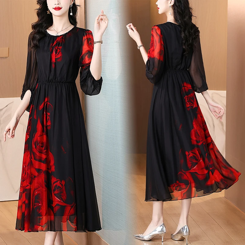 2025 Vacanza primaverile Boho Beach Hepburn Maxi abiti da donna Stampa vintage Elegante abito da sera estivo in seta di lusso