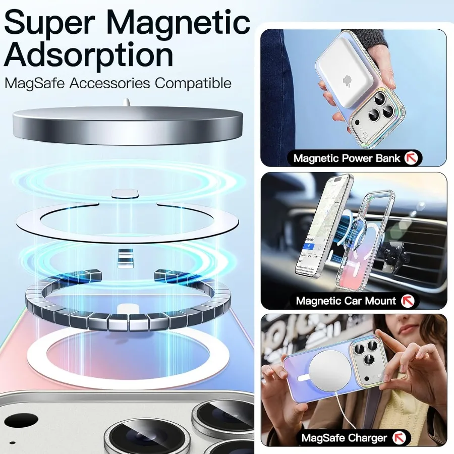 아이폰 17 프로 6.3인치용 무지개빛 케이스, MagSafe 호환, 화려한 형광 반투명 폰 커버 (무지개빛)