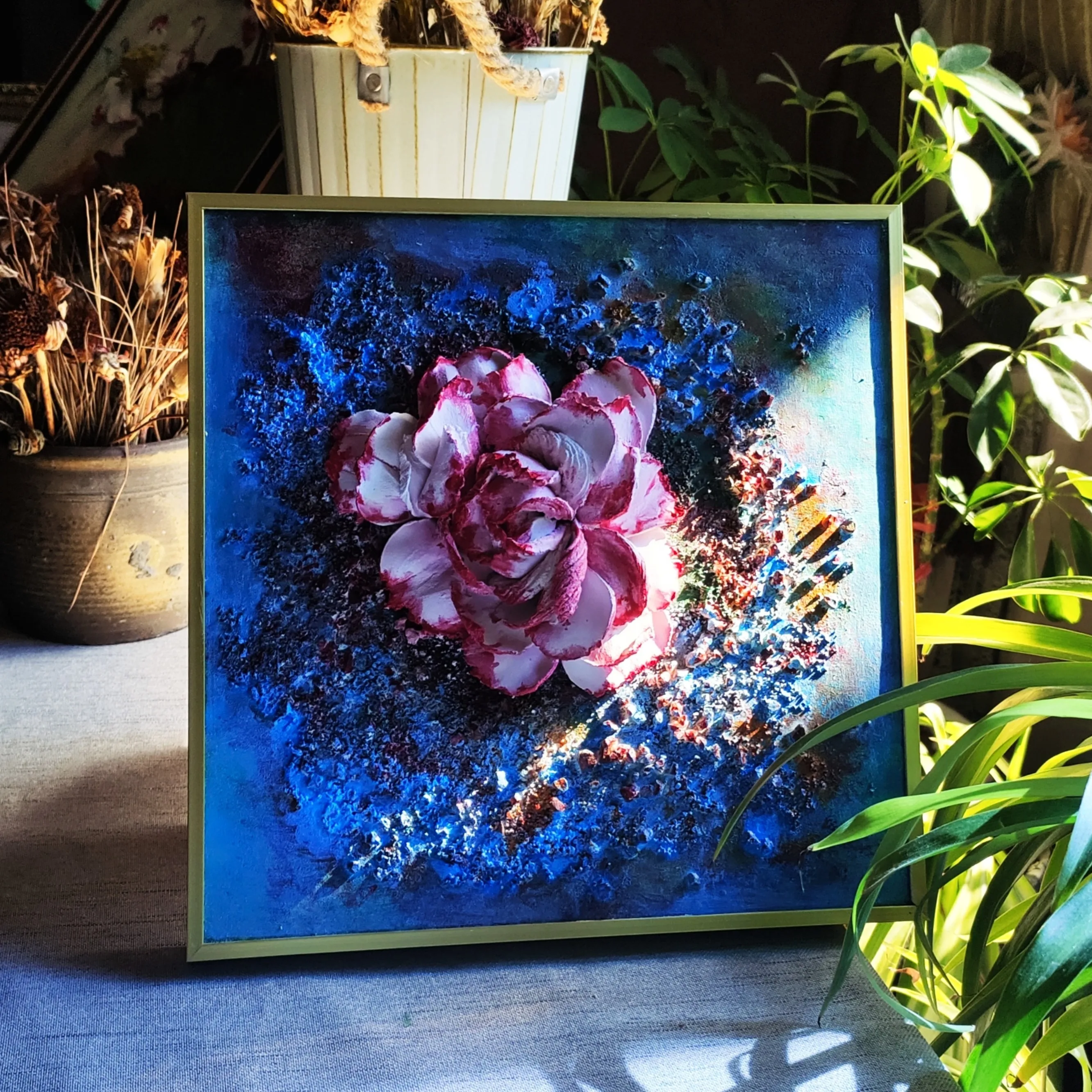 

0055 Blue Rose 3D Relief Art Sculpture Paste Knife Painting Handmade Decorative Painting Vintage Style Handcrafted Oil Painting