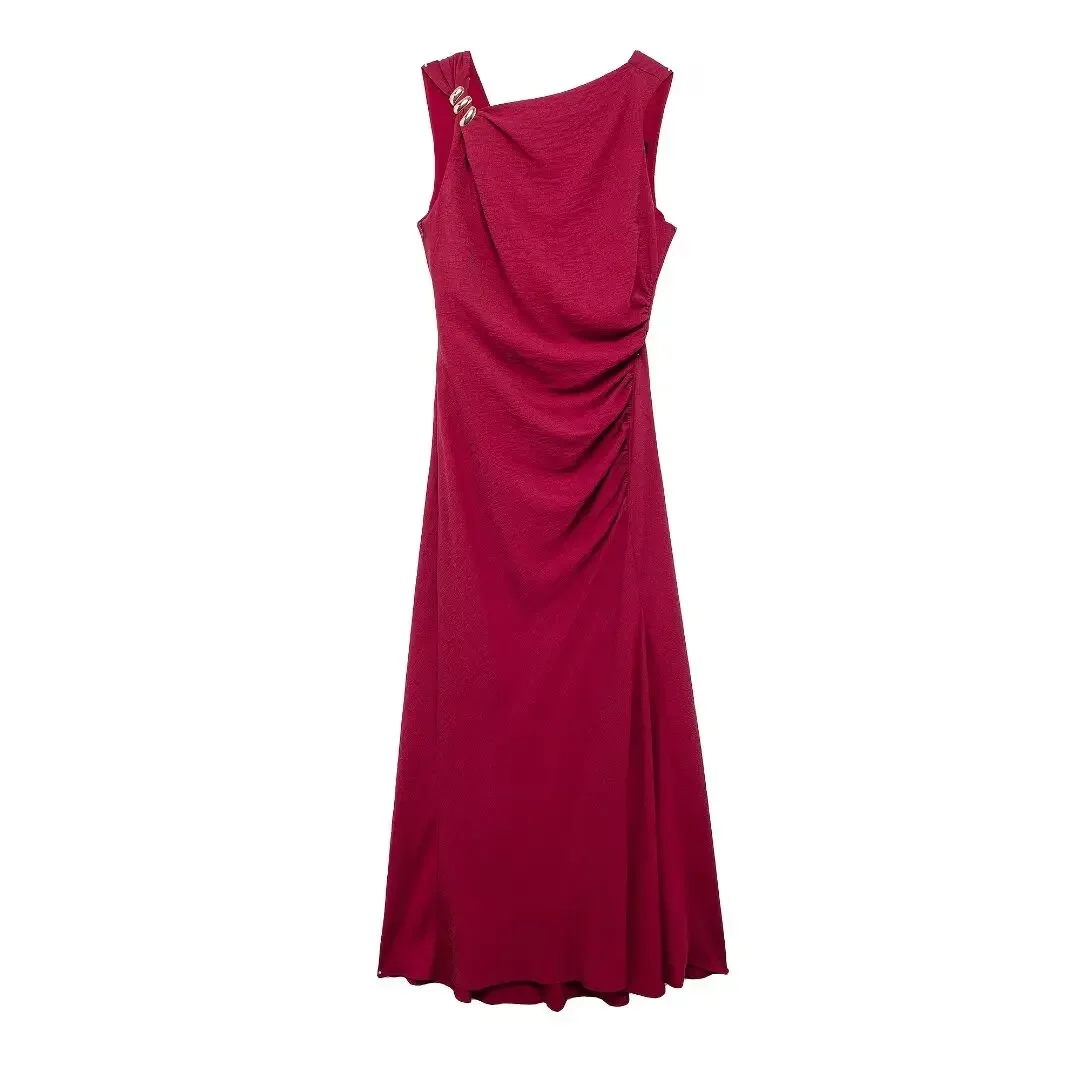 

Women's 2024 new fashion gold decal decoration sleeveless slim pleated MIDI dress retro backless V Neck women's dress Z0064