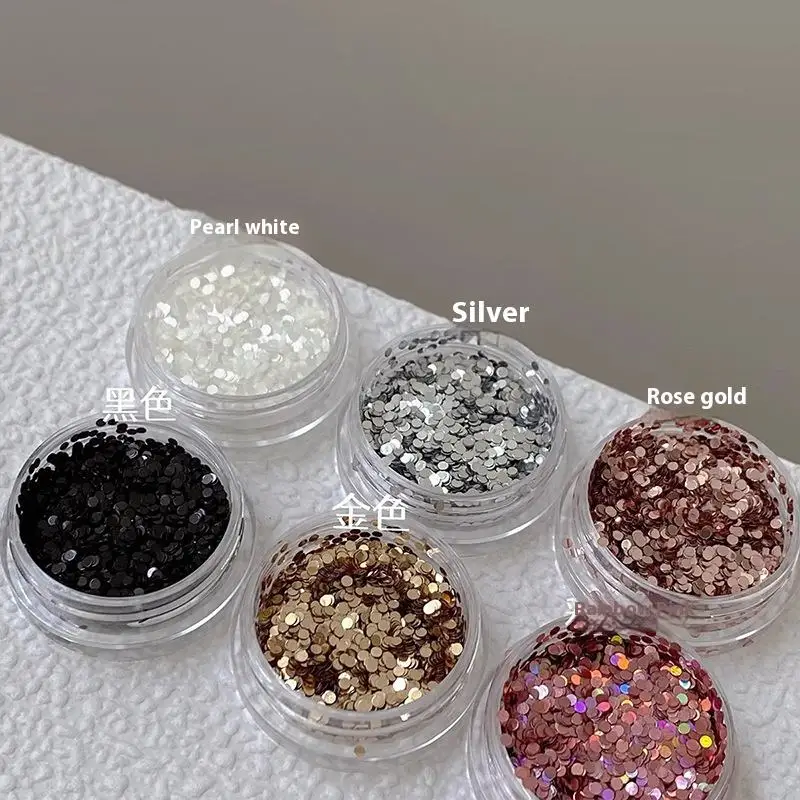 6 زجاجات من زينة الأظافر اللامعة المستديرة مقاس 1 مم، أبيض لؤلؤي، ليزر، لون قوس قزح أسود لامع للأظافر #1