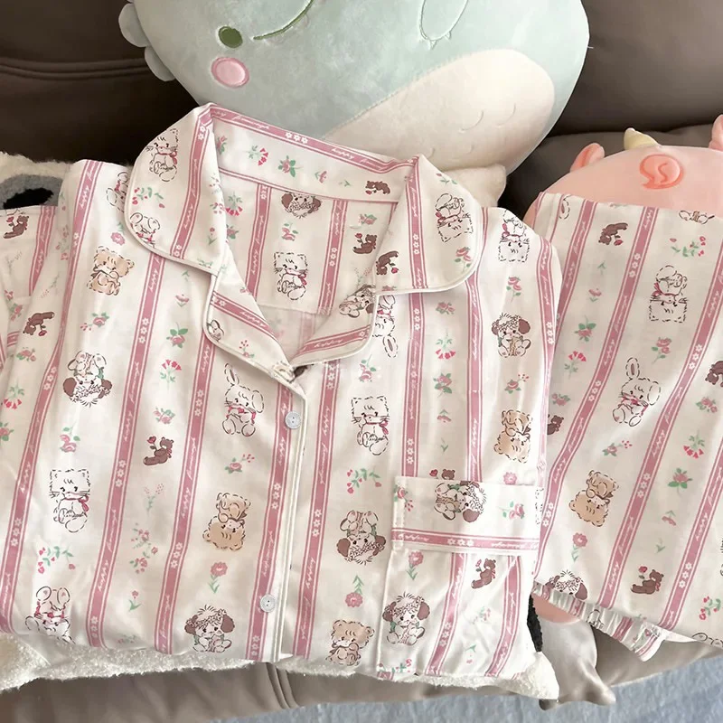 Pijama japonés de dibujos animados para mujer, ropa de casa Coreana de seda satinada, de manga larga, con bonito gato a rayas, para primavera y verano, novedad