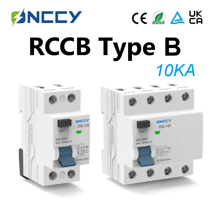 ONCCY Type B RCD Din Rail Earth Leakage Current breaker DC RCCB RCD 2P 4P 40A 63A 80A 30mA 100mA 300mA rcd circuit breaker 10KA