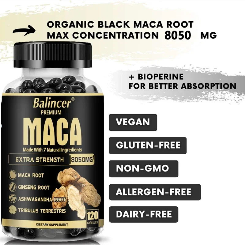 20X Natural Concentrated Extracts Black + Red + Yellow Maca Root, Korean Ginseng, Ashwagandha, Maca Root Capsules 8050 mg