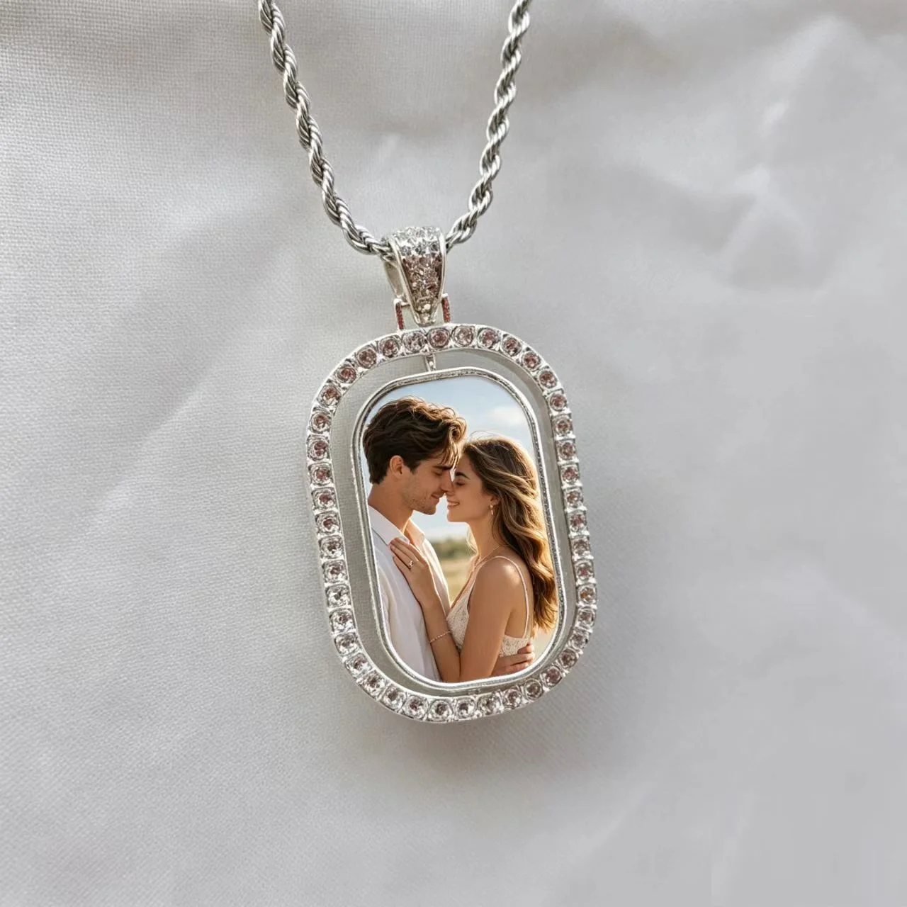 Custom Photo Pendant Necklace, Personalised Custom, Rhinestone Frame Rectangle, Couple Pet Family Custom Commemorative Jewellery view 3
