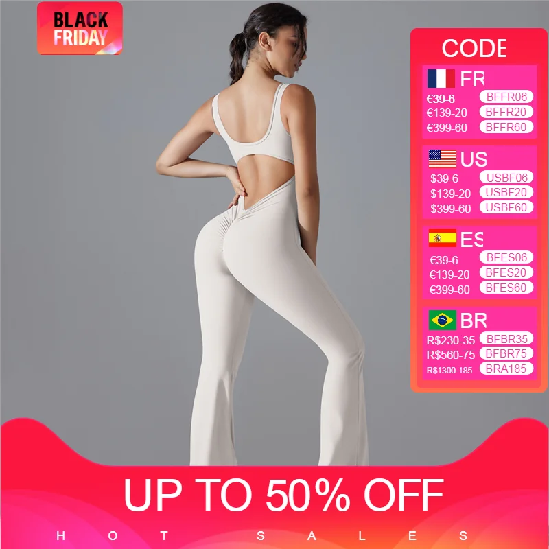 

Gym Fitness Flare Jumpsuits for Women Scrunch Butt Sports Yoga Set Open Back Workout Bodysuits Sexy V Waist Bodycon Playsuit