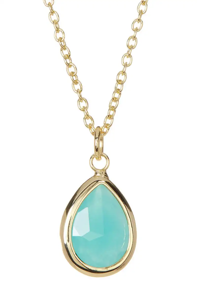 Gold Plated Raspberry Emerald Rose Quartz Crystal Teardrop Pendant Necklace Jewelry