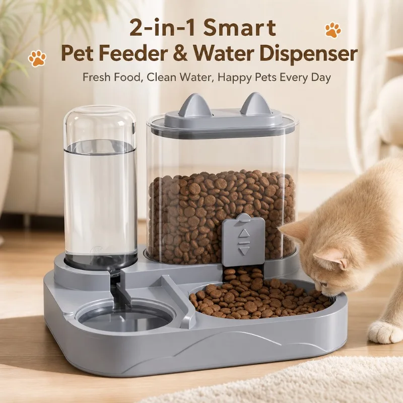 Comedouro automático para gatos com sistema de gravidade, dispensador de água, separação para alimentos secos e húmidos, tigela para comida de animais de estimação, ideal para gatos e cães de pequeno porte, para uso em casa e em viagens.
