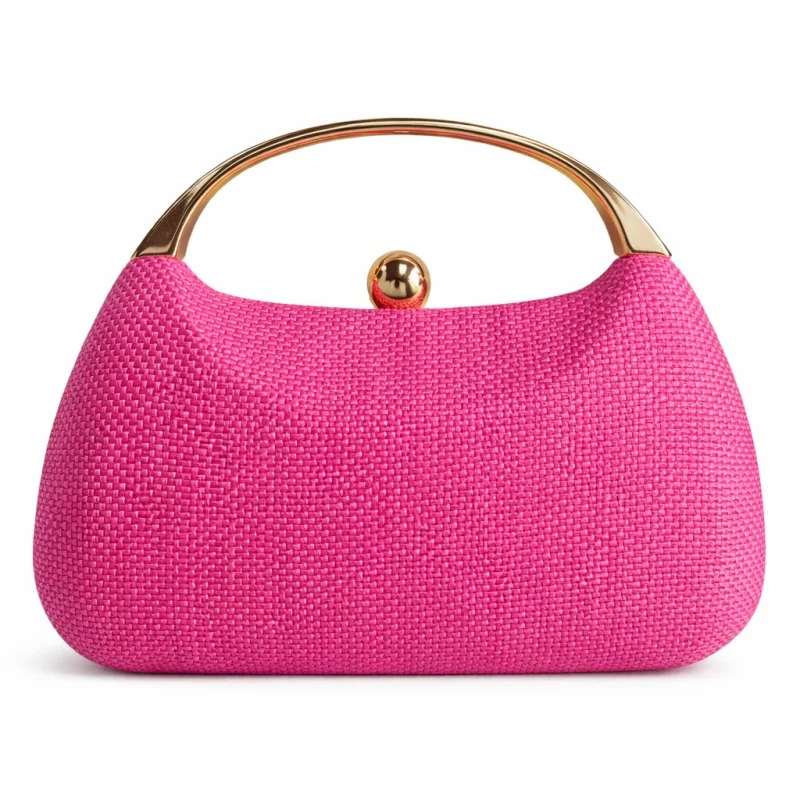 Luxury Woven Texture Handbag for Women Summer Hot Pink Fabric Hard Shell Evening Purse Metal Handle Formal Outdoor Party Bolsas
