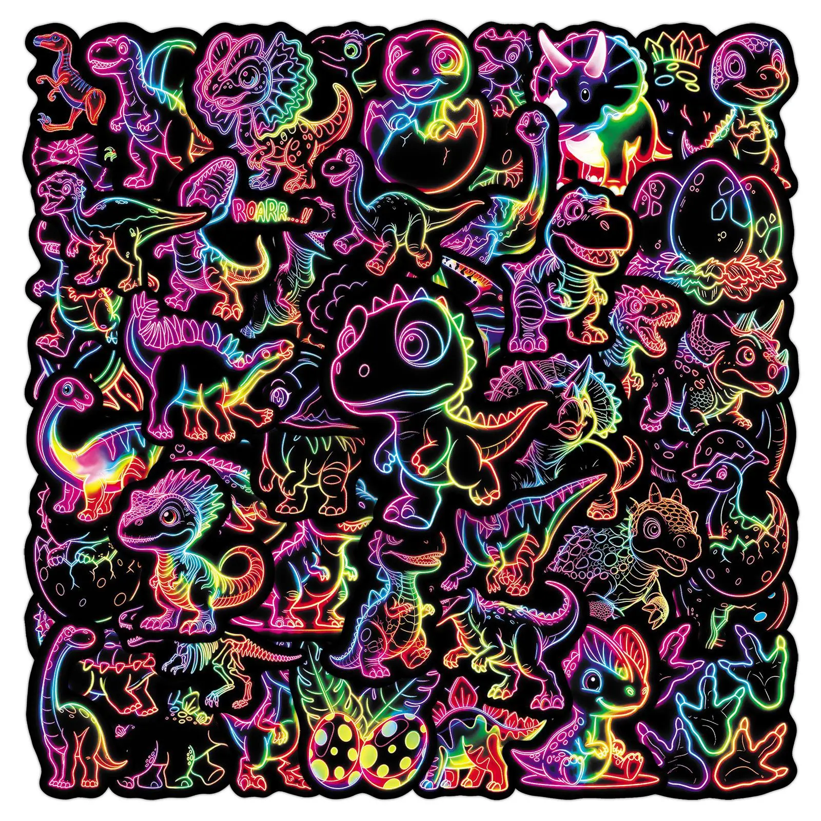 50 Pcs Neon Dinosaur Stickers Rainbow Cool Cartoon Cute Neon Light Decor Guitar Speaker Milk Tea Cup Stationery Stickers