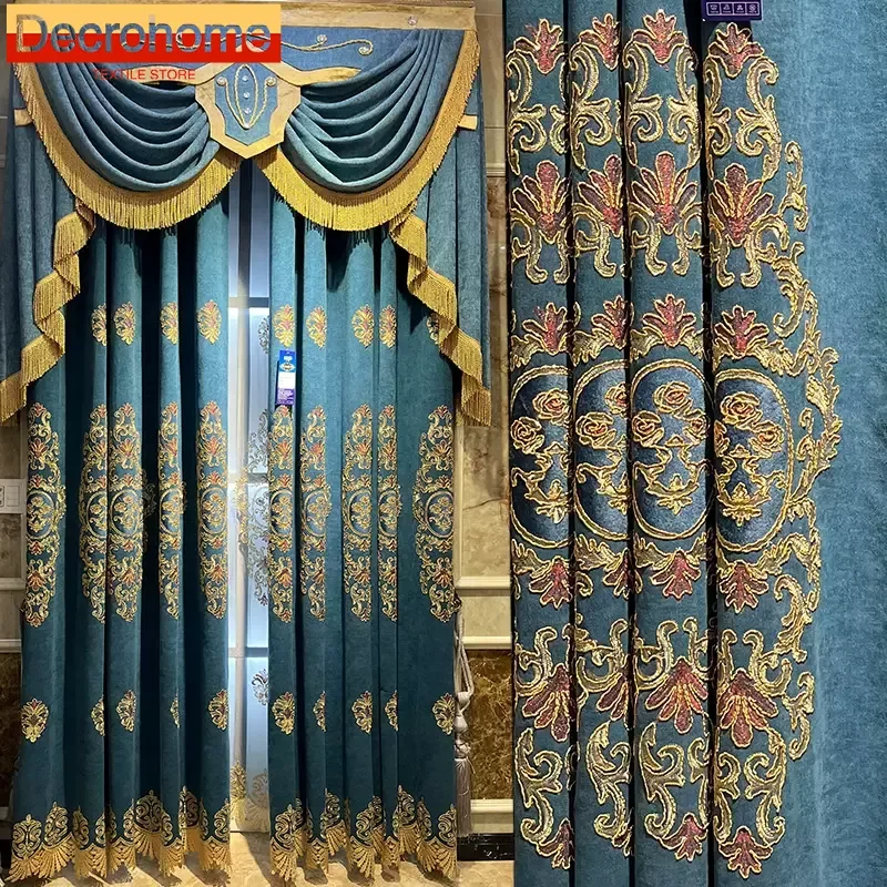 Blue Water Soluble Embroidery Window Screen Chenille Curtains for Living Room Bedroom French Window Balcony Window Customized