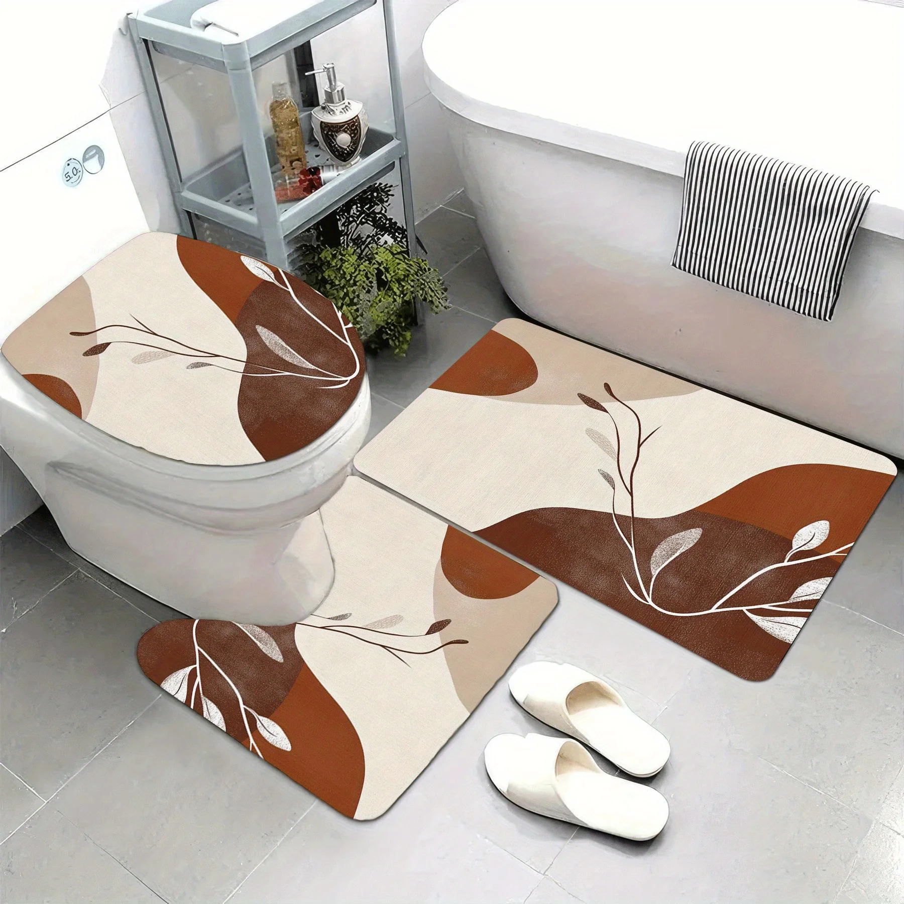 

Набор для ванной комнаты из 3 предметов коричневого цвета с абстрактным рисунком листьев, U-образный коврик, нескользящий коврик, чехол на сиденье унитаза, подходит для декора ванной комнаты.