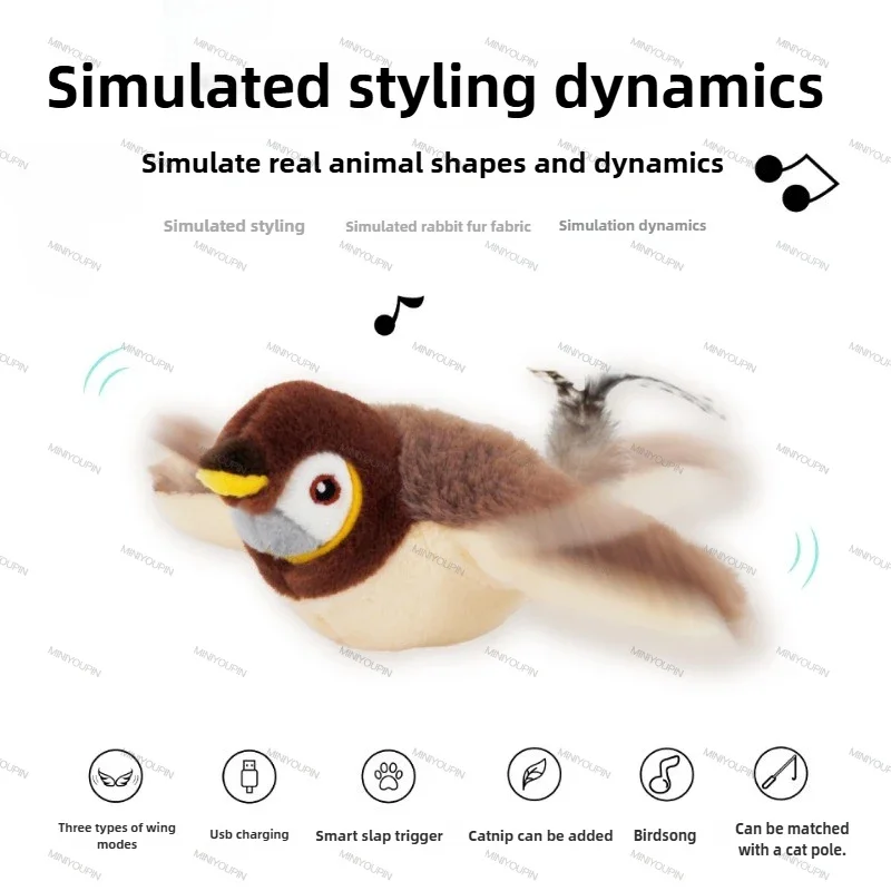 Interactive Cat Toys Rechargeable Flying Bird Cat Toy Chirping Flapping Bird(no Flying) Can Add Catnip Touch Activated Plush Toy