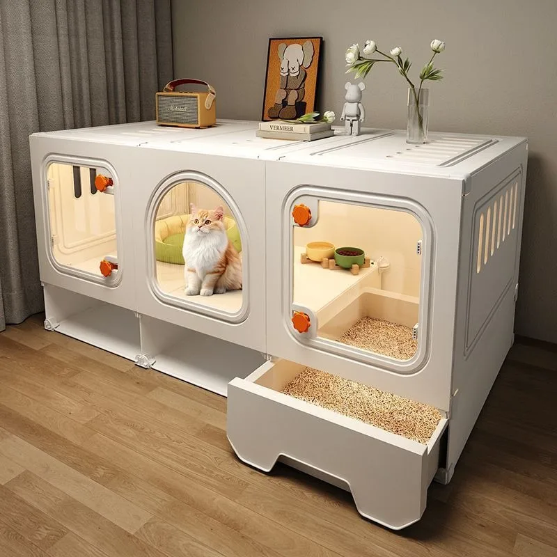 Multifunktionale Anpassbare Haustier-Villa mit Futterbereich, Katzentoilette, Lüftungsfenster und Stauraum