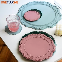 12/23/35cm Silicone Placemat Round Flower Coffee Dinner Table Mat Embossed Pink Coaster Heat Resistant Kitchen Tableware Mat