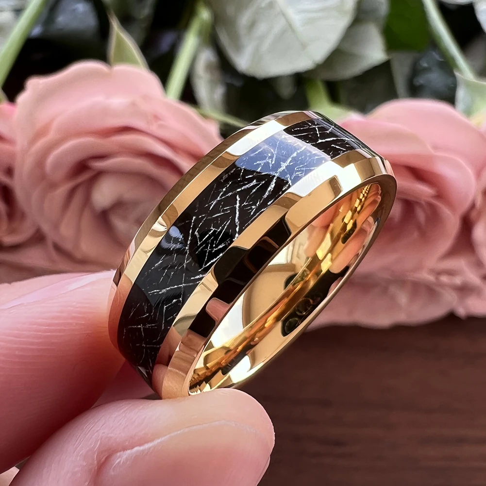 8mm Wholesale Meteorite Inlay Tungsten Ring Men Women Fashion Engagement Wedding Band Beveled Polished Shiny Jewelry – Detail 8