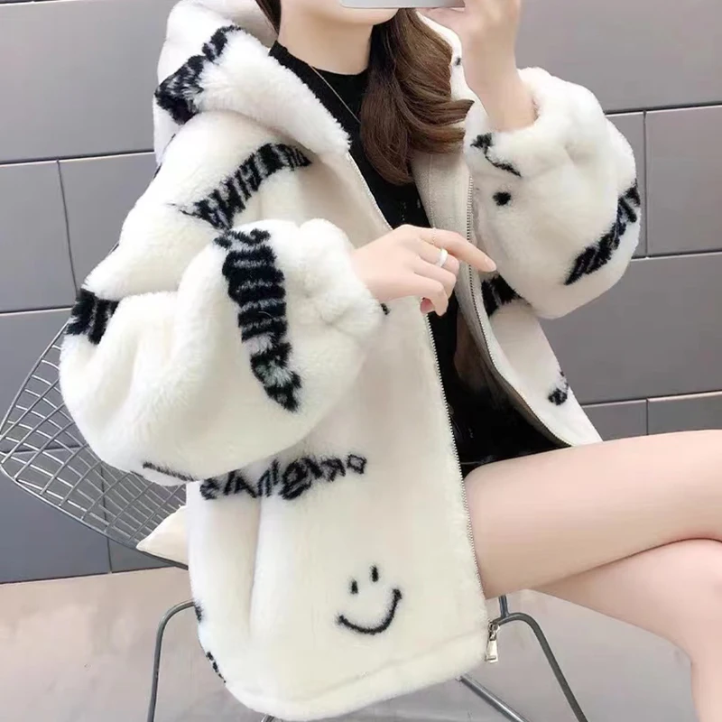 Jackets For Women 2022 Winter Cashmere Chic Printing Hooded Fashion Street Outerwear Sweet Casual College Women\'s jacket Coat