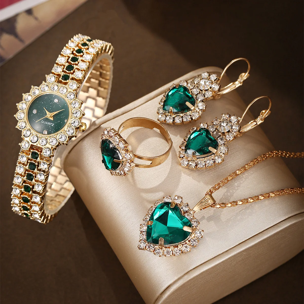 1/4pcs Set Women Watches Heart Rhinestone Ring Necklace Earring Jewelry Set Luxury Small Flowers Dial Wristwatch Jewelry Gift