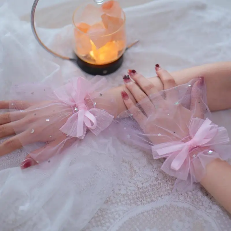 1쌍 네일아트 튤 사진 보우 글러브 가짜 주름 커프 매니큐어 사진 소품 네일 팁 디스플레이 슬리브 코스 액세서리