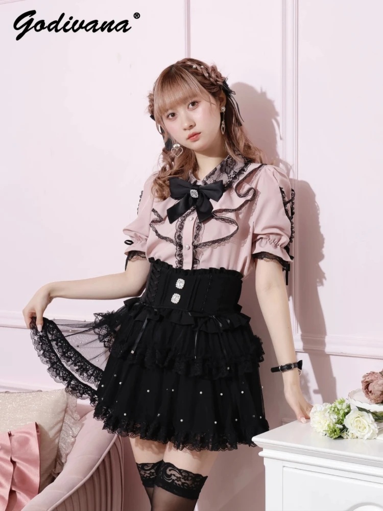 Japanese New Sweet Back Big Bow Bead Layer Short Culotte Skirt Autumn New Cute Girl Womens High Waist Lolita Lace Cake Skirts