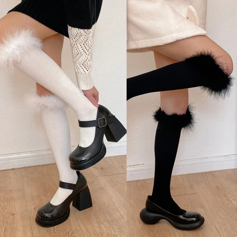 

M2EA Women Preppy Style Knee High Socks Cute Furry Feather Trim Patchwork Uniform Student Winter Ribbed Boots Stockings