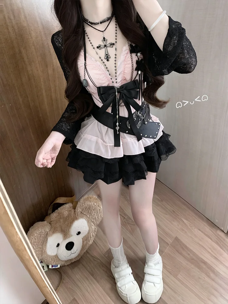 Summer Vintage Subculture Design Spicy Girls Suit Sweet Dark Hepburn Bow Pink Sling + Black Cardigan Short Skirt 3-piece Set view 5