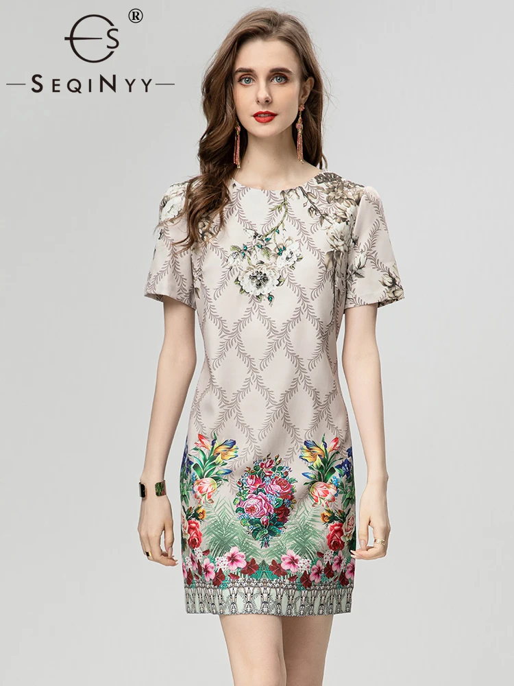 SEQINYY Beige Grey Mini Dress Short Sleeve Summer Spring New Fashion Design Beading Vintage Sicily Flower Print Casual