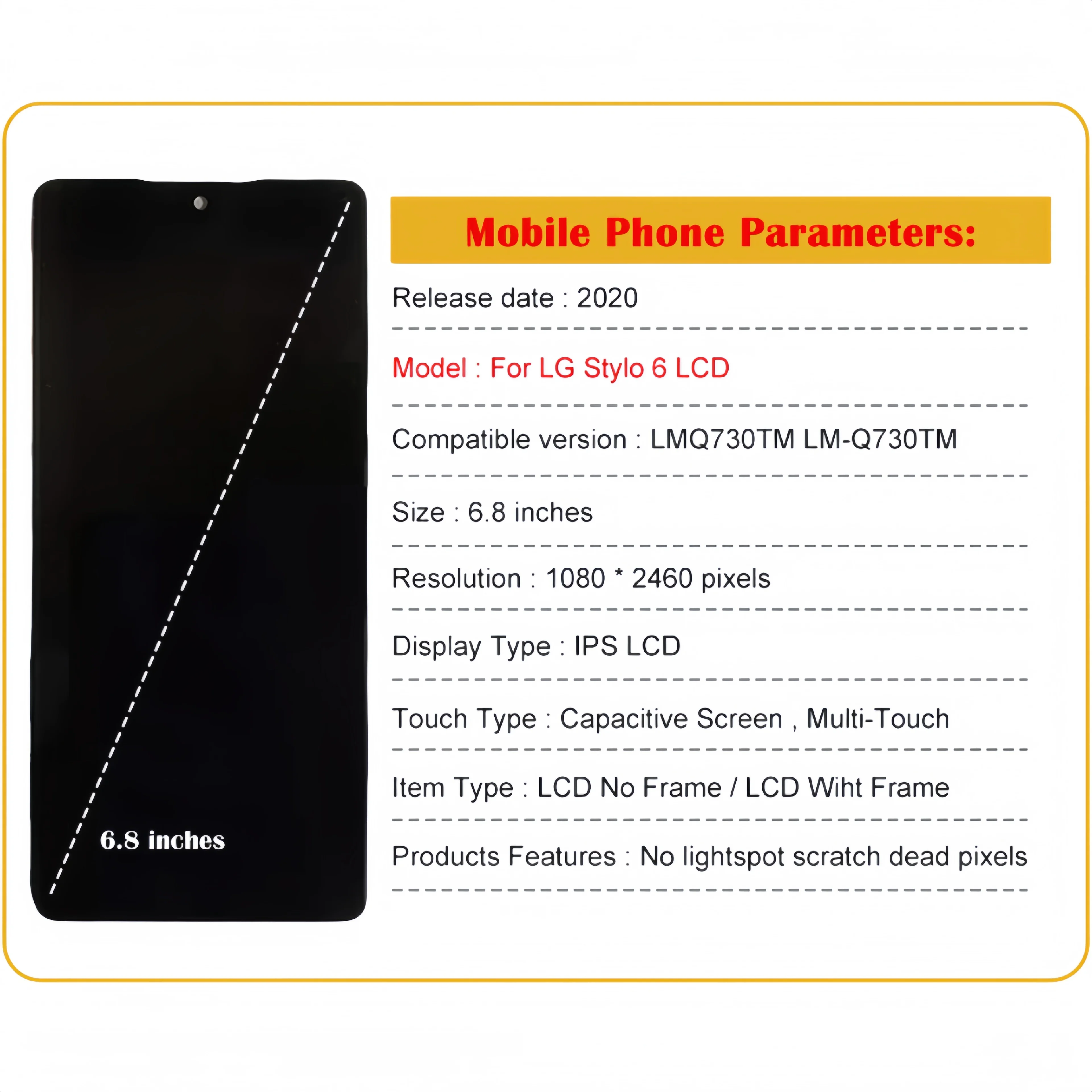 LCD touch screen replacement for LG K71 q730, Stylo 6, lmq730TM, lmq730TM, digitizer Assembly