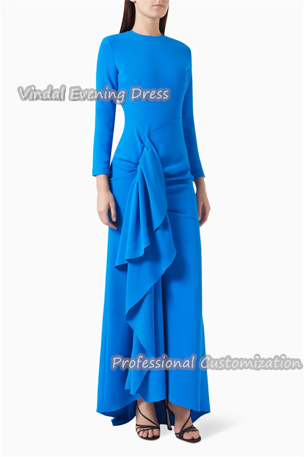 Vindal Mermaid Floor-Length Evening Dress Elegant Crepe Ruffle Long Sleeves Sexy Built-in Bra O-Neck Prom Skirt  For Woman 2024