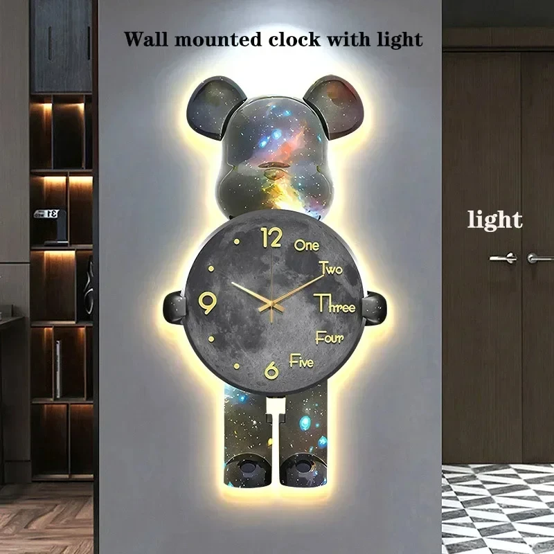 Creative Cartoon Luminous Living Room Clock Wall LED Light Painting Clock Fashionable Interior Cartoon Bear Home Decor