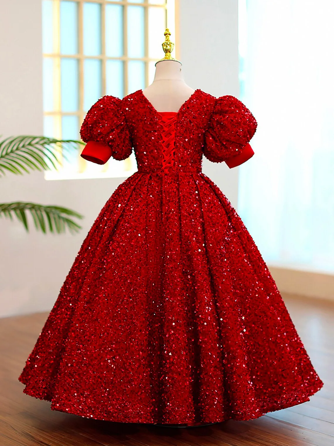 Glitter Red Sequin Flower Girl Dresses Long Christmas Party Dress Short Sleeves Birthday Pageant Wedding Guest Dress for Girls