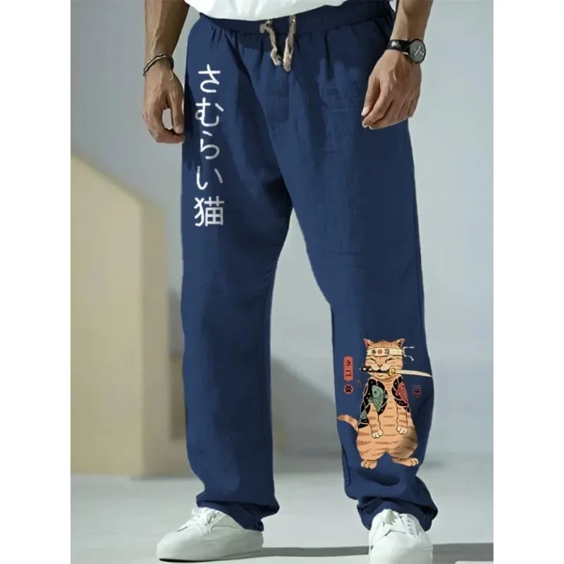 Celana kaki lebar motif kucing Samurai Jepang celana kasual Harajuku celana panjang musim panas Hipster Streetwear Sweapants pakaian Pria Wanita