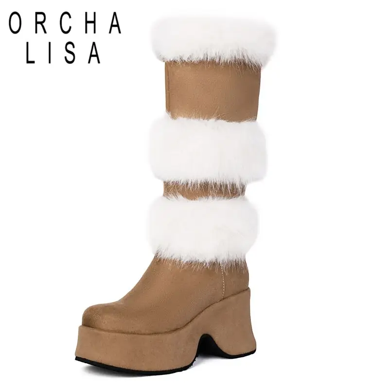 

ORCHALISA Fashion Female Furry Boots Square Toe Chunky Heels 7.6cm Platform Slip On Flock Suede Plus Size 42 43 Winter Knee Bota