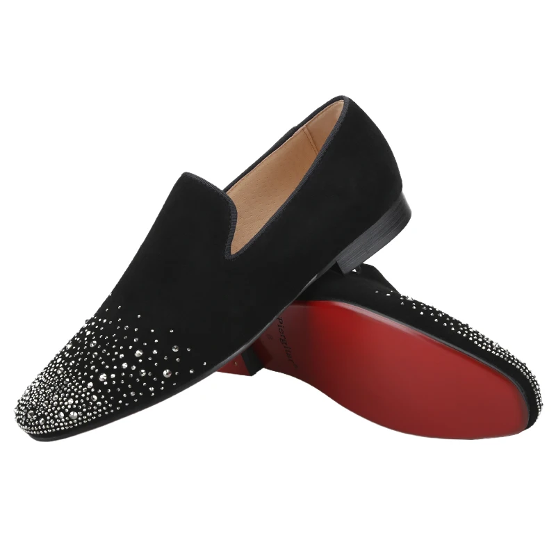 Piergitar Summer Style Sliver Rhinestones Front Toe Men's Moccasins Handmade Slip-On Loafers For Prom And Party Red Color Sole - view 2