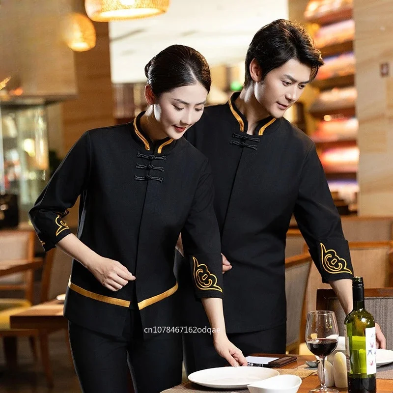 chinese-style-sleeve-waiter-uniform-hotel-tea-house-staff-workwear-spring-autumn-auspicious-pattern-clothing