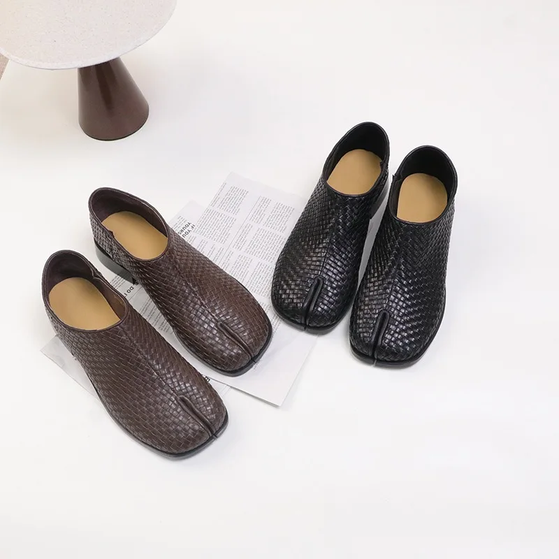 Birkuir Retro Split Toe Women Shoes Loafers Thick Heel Lazy Shoes Slip On Low Heel Weave Handmade Genuine Leather Comfort Shoes