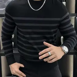 Men's Long Sleeved T-shirt with Fashionable Stripes and Round Neck Versatile and Slim Fit Handsome Top