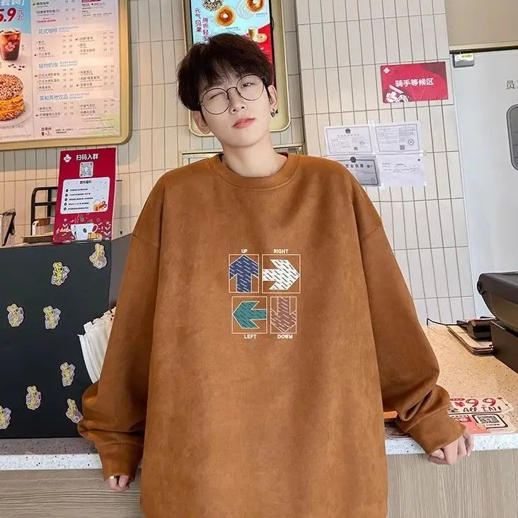 Heavy suede round neck sweatshirt for men in autumn and winter new plus velvet trendy brand large size top American retro hooded