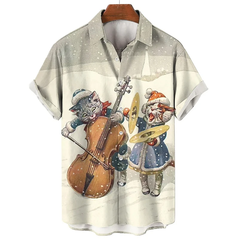 Funny Animal Cat Guitar 3D Printed Shirts For Men Clothes Fashion Cartoon Music Blouses Harajuku Fashion Lapel Blouse Y2k Tops