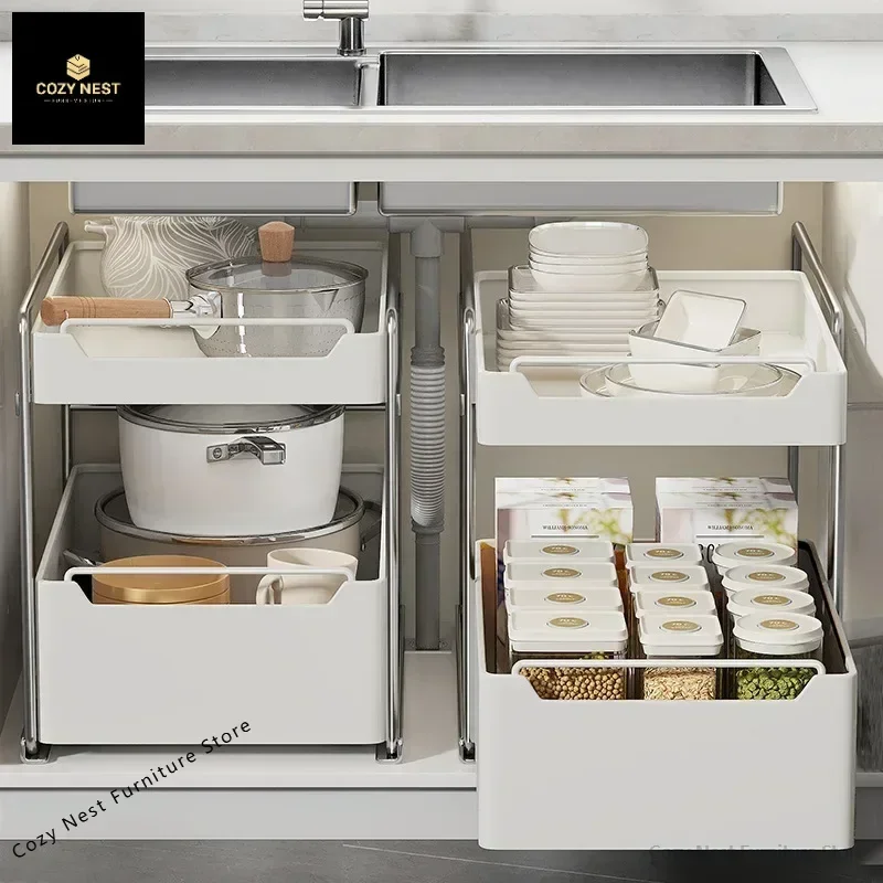 

Under Sink 2 Layer Storage Racks Sliding Seasoning Bottle Holder Shelves Kitchen Pull-Out Type Dish Countertop Cabinet Organizer