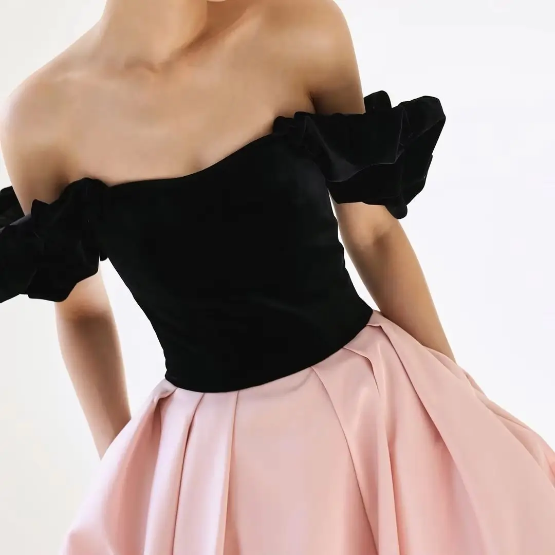 MD Pink And Black A-line Wedding Dress Off Shoulder Evening Dress Korea Photoshoot Floor Length Reception Dress Customized 2025