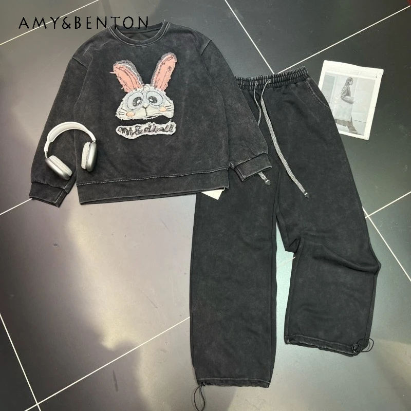

Heavy Industry Patchwork Cartoon Rabbit Loose Casual Sweatshirt And Sweatpants Two-Piece Set For Women's O-neck Hoodies Outfits