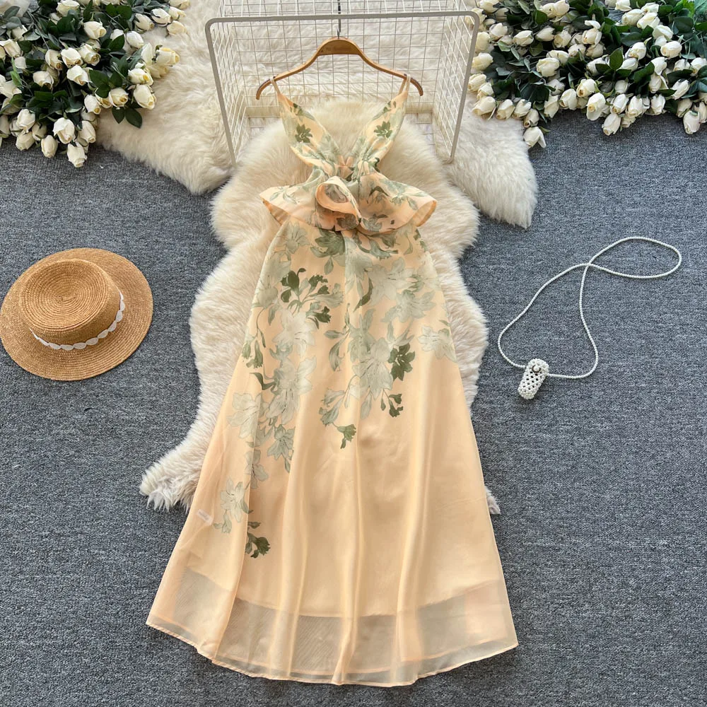 

Chic vintage backless print Elegant Fairy spring Women Sundress women clothing A-line dress