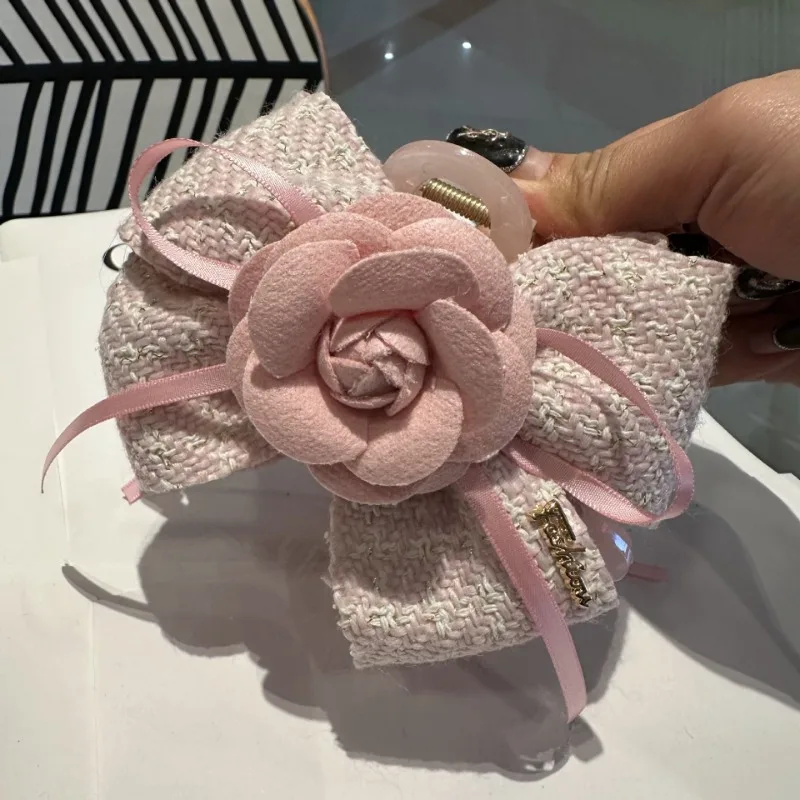 

New Fashion Camellia Flower Hair Claw for Women Cloth Art Bow Back Head Shark Clip Hairpins Barrettes Korean Hair Accessories