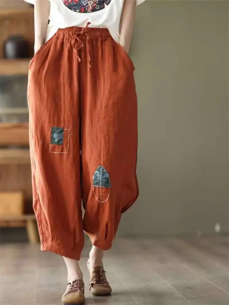 Summer New Artistic Retro Linen Nine Point Casual Trousers Women Ethnic Style Elastic Waist Cotton Hemp Harem Pants K1920