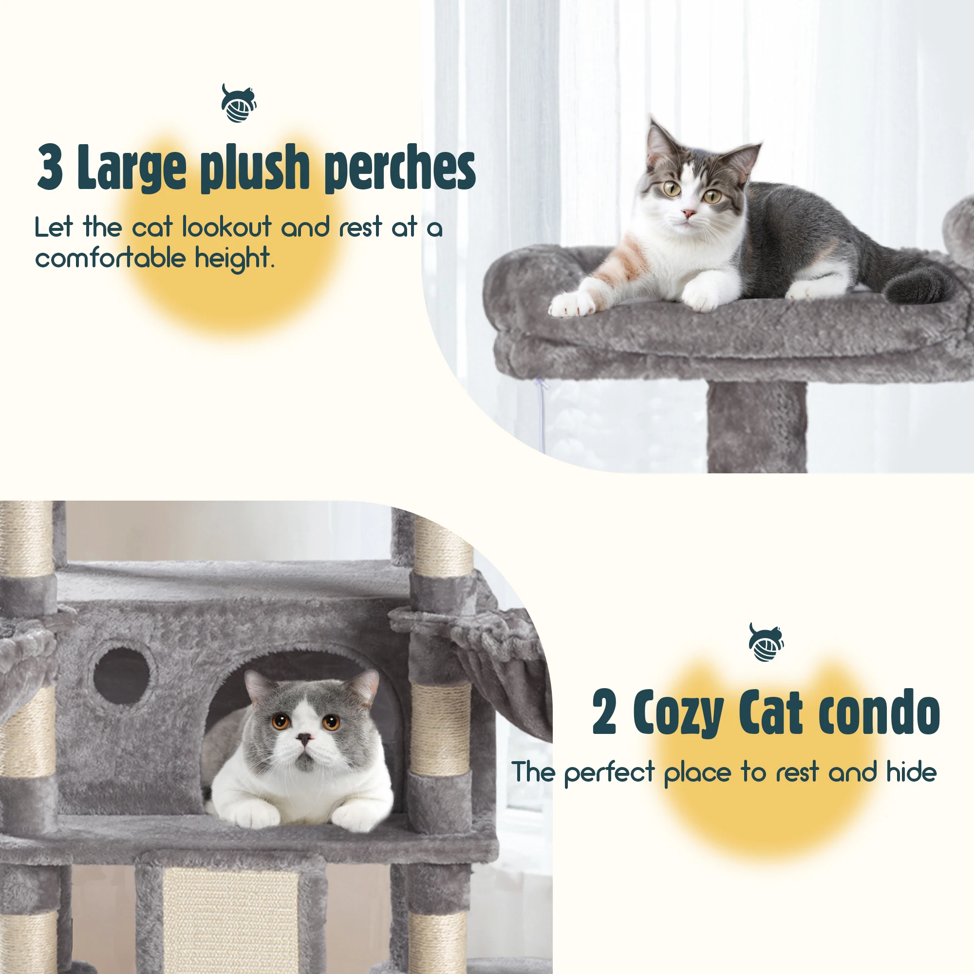 68-Inch Multi-Level Cat Tree Tower for Large Cats/Cat Condo/Cozy Plush Cat Perches/Sisal Scratching Posts/Baskets