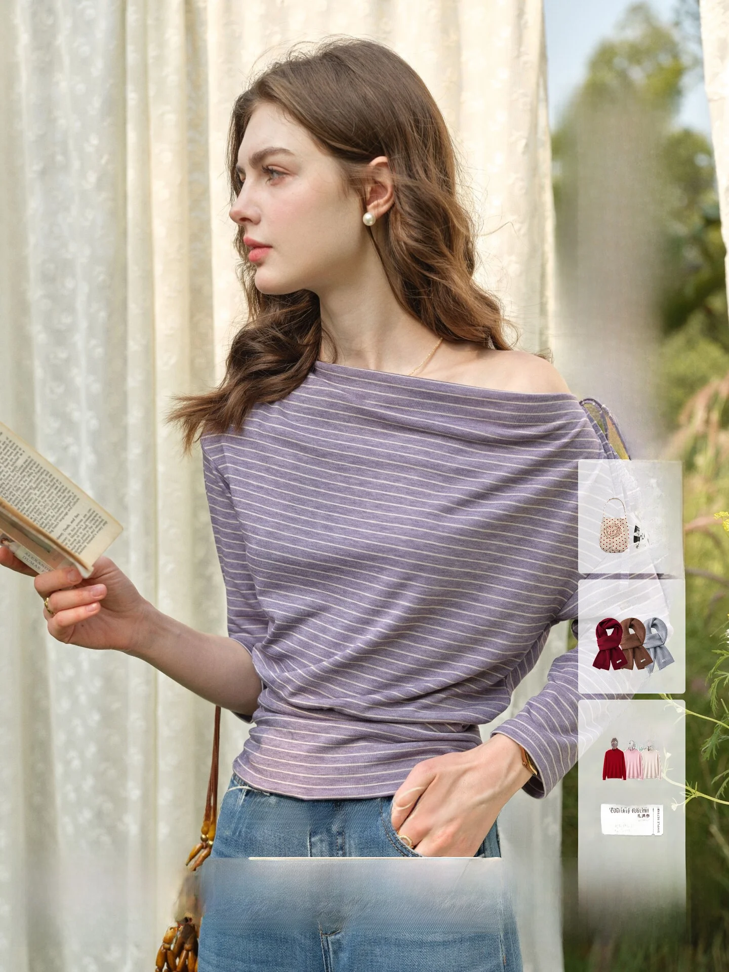 SimpleRetro Paris Left Bank Design Sense Microswinging Collar Striped Women's T-shirt Waist Cinching Top Casual Style