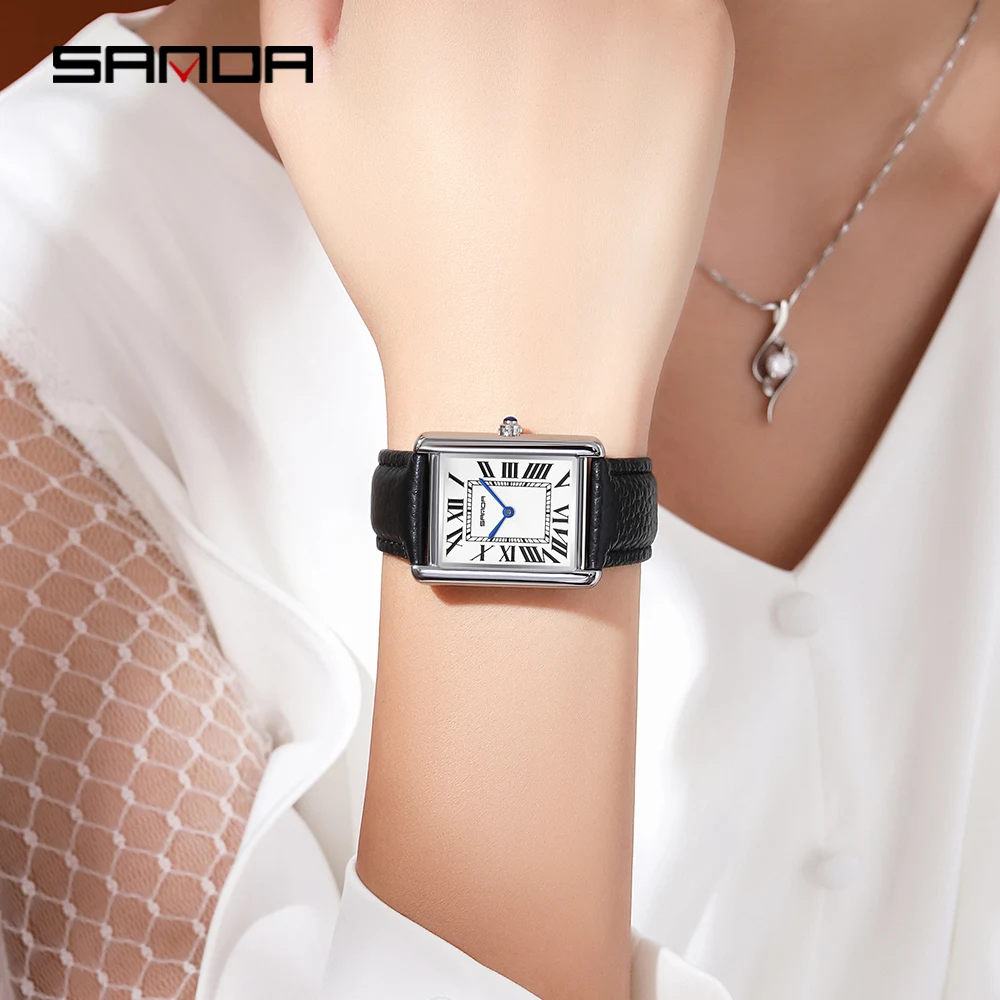 2022 Sanda Rectangular Wrist Watches For Women Silver Case Ladies Luxury Top Brand Leather Band Quartz Clock Zegarek Damski 1108